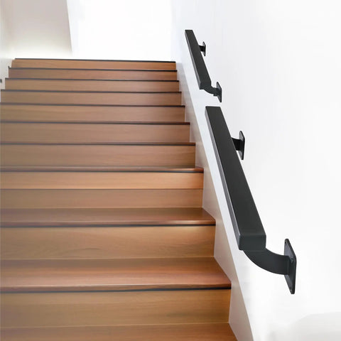 Heavy Duty 24 Inch Steel Stair Handrail Wall Mount Square Pipe Grab Bar for Indoor Outdoor Steps on wooden stairs.