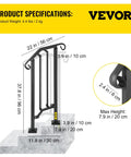 Outdoor Stair Railing For 1 Or 2 Steps Aluminum Handrail For Concrete Or Wood Stairs Black with dimensions and details