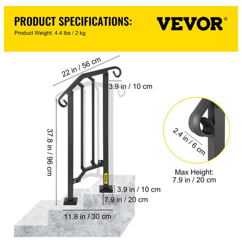 Outdoor Stair Railing For 1 Or 2 Steps Aluminum Handrail For Concrete Or Wood Stairs Black with dimensions and details