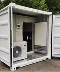 Top Tier Heavy Duty Modular Walk In Freezer And Commercial Blast Chilling Cold Storage Container with open doors and air conditioning unit.