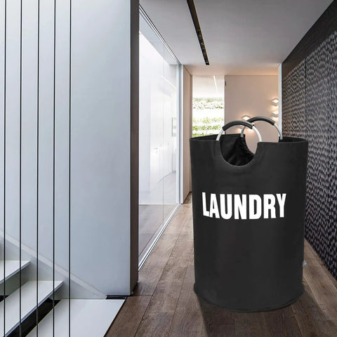 Black 160L XXL Collapsible Laundry Basket With Aluminum Handle And Soft Grip Waterproof 600D in modern hallway.