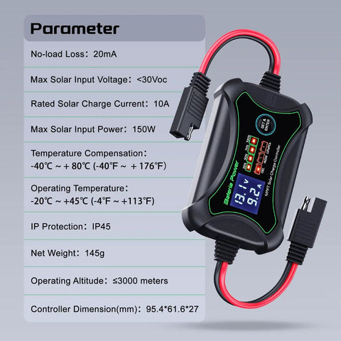 10 Amp 12 Volt MPPT Solar Charge Controller with LCD display, showing parameters like input voltage and IP45 protection rating.