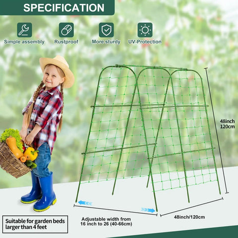 Cucumber Trellis for Raised Garden Bed, Rustproof Metal Garden Arch Trellis for Climbing Plants Support, Adjustable Width 16 to 26 Inches, displayed outdoors with a child holding vegetables, highlighting size and rustproof features.