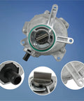Heavy Duty Brake Vacuum Pump Assembly With 06D145100g shown with sleek aluminum design and visible connection points for easy installation.