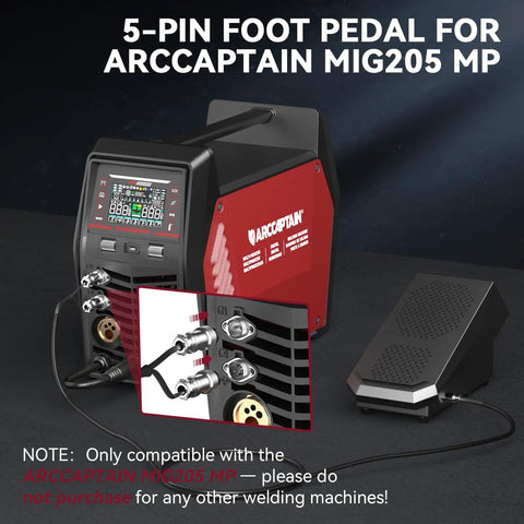 Tig Welding Foot Pedal With Remote Amp Control, 5 Pin, 10 Foot Cable, Compatible With MIG205 MP Aluminum Welders shown next to machine