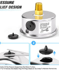 Stainless Steel Liquid Filled Pressure Gauge 0-100 Psi, One Eighth NPT, One Point Five Inch Dial, Back Mount, Glycerin Filled For Smooth Readouts, Beefy Industrial Gauge For HVAC And Plumbing, Includes Quarter NPT And Three Eighths NPT Hex Bushings, pressure relief plug shown