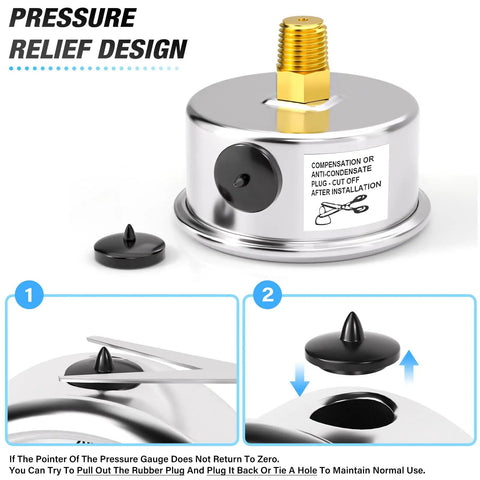 Stainless Steel Liquid Filled Pressure Gauge 0-100 Psi, One Eighth NPT, One Point Five Inch Dial, Back Mount, Glycerin Filled For Smooth Readouts, Beefy Industrial Gauge For HVAC And Plumbing, Includes Quarter NPT And Three Eighths NPT Hex Bushings, pressure relief plug shown