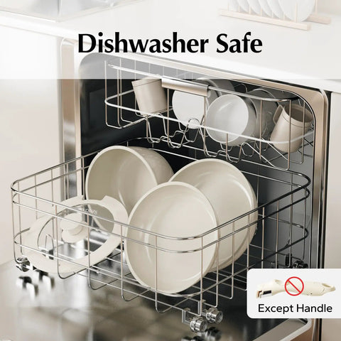 Ceramic Nonstick Pots And Pans Set With Detachable Handles in a dishwasher; handles excluded.