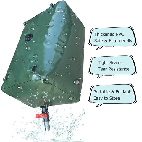 Collapsible Outdoor Water Storage Bag For Garden Farm And Livestock Use, Green PVC Water Bladder Tank with water droplets
