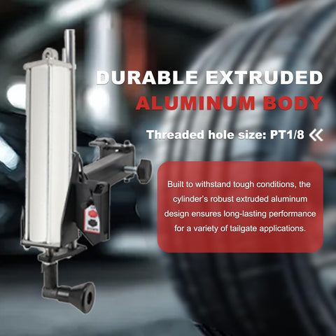Close-up of Beefy Tabletop Pneumatic Air Cylinder for Tire Changer Machine with durable aluminum body and PT1/8 thread.