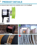 No Hassle Digital Length Meter Counter With Rock Solid U Shaped Measuring Wheel shows object measurement examples on display.