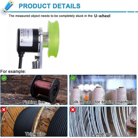 No Hassle Digital Length Meter Counter With Rock Solid U Shaped Measuring Wheel shows object measurement examples on display.