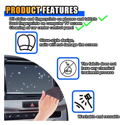 Hand using Ultra Soft Microfiber Car Touch Screen Cleaning Cloth for Dashboard and Interior on car display, glove-style design