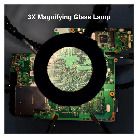 Go-To Soldering Helper Station With Eight Flexible Gooseneck Arms magnifying a PCB for precise electronics repair and DIY projects.