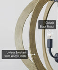 Close-up of 23 Inch 5 Light Modern Farmhouse Rustic Armillary Pendant Chandelier with birch wood and black finish.
