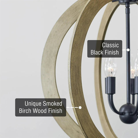 Close-up of 23 Inch 5 Light Modern Farmhouse Rustic Armillary Pendant Chandelier with birch wood and black finish.