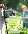 Outdoor Sprinkler Timer For Garden Hose With Large LCD Screen attached to outdoor faucet, man in background watering garden