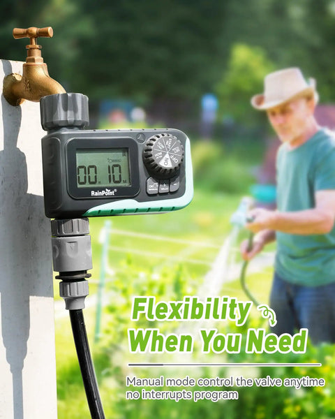 Outdoor Sprinkler Timer For Garden Hose With Large LCD Screen attached to outdoor faucet, man in background watering garden