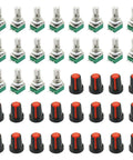 20 Pack 10K Ohm 3 Pin Linear Rotary Potentiometers With Knurled Knobs Top Adjustment Tinker Friendly For Breadboard Prototyping Analog Circuits And Small Electronics Projects RK097N3 front view showing knobs and potentiometers