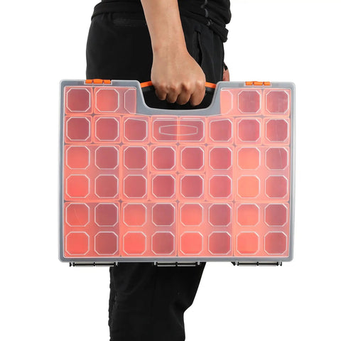 Person carrying two pack 22 compartment toolbox organizer set for hardware nuts bolts nails and small tools built tough as nails