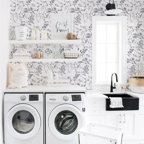 Laundry room with gray peel and stick floral wallpaper, self-adhesive vinyl, waterproof, removable backing, 24.2 sq ft.