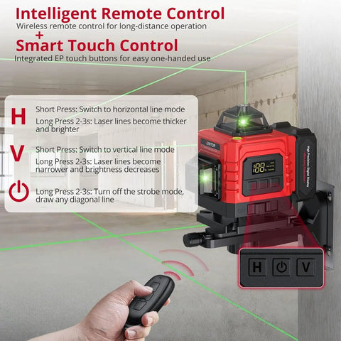 Pro Grade 16 Line 360 Degree Laser Level With Pulse And Manual Modes, Green Cross Line Projector, Self Leveling With Remote, 30 Meters Range, 98 Feet, Construction Grade Class 2 Under 1mW Power, Beast For Quick Room Layouts, with remote control