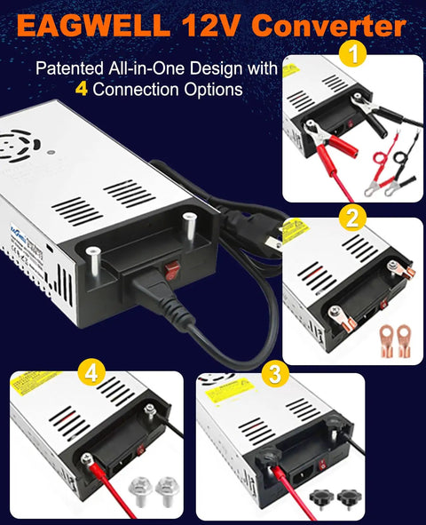 110V AC To 12V DC Power Converter 600W 50A SMPS Transformer Universal with connection options.