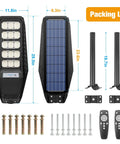 Packing list for Two Pack 300W Solar Street Light Set With Motion Sensor Dusk To Dawn 15000LM, showing components and dimensions.