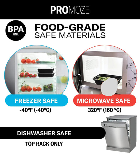 Infographic showing 50 Pack Meal Prep Containers With Lids 28 Oz One Compartment in freezer, microwave, dishwasher; BPA free
