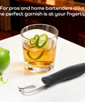 Lemon Zester and Garnish Channel Knife for Cocktails Triangular V Shaped Stainless Steel Bar Tool next to drink with garnish