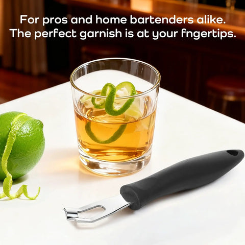Lemon Zester and Garnish Channel Knife for Cocktails Triangular V Shaped Stainless Steel Bar Tool next to drink with garnish