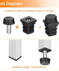 Split diagram of 4 Pack Adjustable Furniture Leveling Feet, M6 Screw In Square Tube Glides, showing parts and installation height.