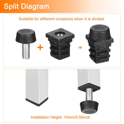 Split diagram of 4 Pack Adjustable Furniture Leveling Feet, M6 Screw In Square Tube Glides, showing parts and installation height.