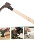 Portable Manganese Sickle For Garden Weeding And Harvesting With Ergonomic Handle A Handy Multi Functional Tool For Flowers Vegetables And Grass Clearing Easy Grip For All Your Yard Chores shown with close-up images of gardening uses