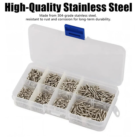 Eight Hundred Piece M2 304 Grade Stainless Steel Screws Assortment Kit With Phillips Head in clear storage box with compartments