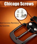 Tough Stainless Chicago Screws 110 Piece Kit displayed with leather belt and corrosion-resistant fasteners for strong assembly.