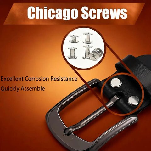 Tough Stainless Chicago Screws 110 Piece Kit displayed with leather belt and corrosion-resistant fasteners for strong assembly.