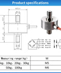 Load Cell With Amplifier And Digital Readout For Heavy-Duty Compression Testing, Dual Analog Outputs 4-20mA And 0-10V Or 0-5V, RS-485, 0-200 kg Range, Unit Switch (Kg/Lb/N), PLC/SCADA Ready, Real-Time Weight And Force Sensor, stainless steel threaded load cell diagram