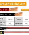 2 Pin Waterproof Connectors 14AWG Kit With Male And Female Quick Disconnects For Automotive Marine And Motorcycle Wiring 6 Sets Durable Weatherproof High Temp PA66 Nylon Easy Plug And Play product specifications and copper wire illustration