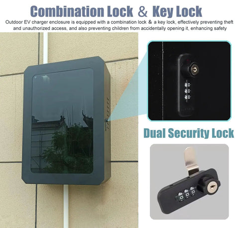 Heavy Duty Wall Mounted EV Charger Enclosure with Galvanized Steel and Tempered Glass Door featuring dual security locks.