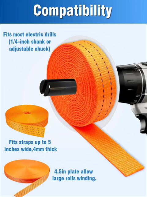 Ratchet Strap Winder Drill Attachment For Quick Tie Downs No Mess High Efficiency Strap Roller Organizer For Flatbeds Trailers Warehouses Garages Reduces Downtime And Hand Fatigue 1 Pack attached to drill with orange strap