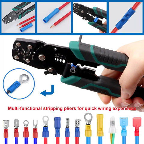 All In One 300 Piece 19 Size Electrical Crimp Connectors Go To Kit With Crimp Tool showing pliers and connector types.