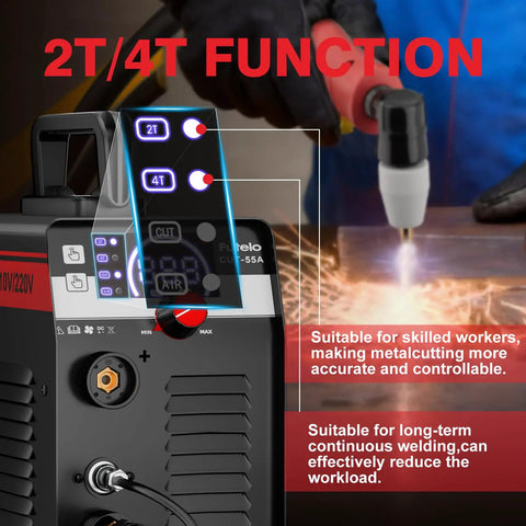 Dual Voltage Plasma Cutter 55A With Large LED Display, Contact Arc Start, IGBT Inverter shown in workshop setting