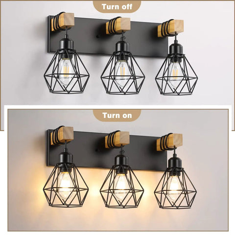 Three Light Farmhouse Vanity Light Fixtures With Wood Accents And Rustic Metal Lampshades, shown on and off.