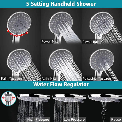 5 setting handheld shower displaying Power Mist, Power Rain, Rain Massage, Rain Mist, Pulsating, for 8 Inch High Pressure Rainfall Shower Head And Handheld Shower Combo With 11 Inch Extension Arm, Height And Angle Adjustable, Heavy Duty All Chrome Stainless Steel With Holder, 1.5M Hose And 4 Hooks.