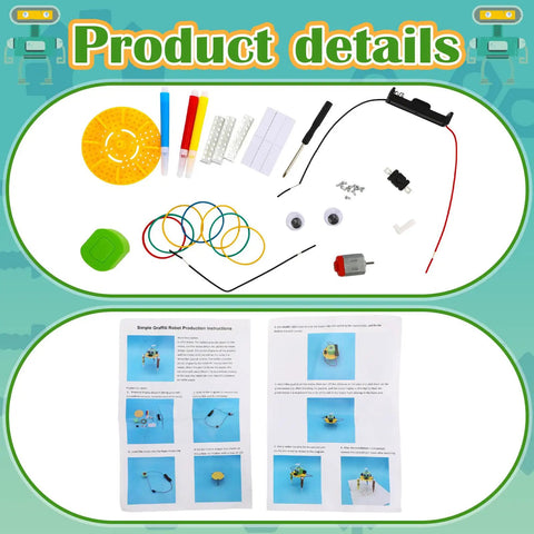 16 Pack Doodling Robot Building Kits For Kids 8 To 12, components and instruction manual displayed