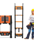 Telescoping Ladder Eight And A Half Foot Extension Ladder With Easy Fold One Step Collapsible Design For RV Home And Outdoor Use Aluminum Build Lightweight Yet Sturdy Supports Up To 330 Lbs., folded orange and black aluminum ladder with worker
