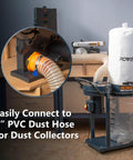 Quick Swap Dust Port Adapter Adapting One Three Quarter To Two One Half Inch Power Tool Ports To Four And Two One Half Inch Dust Collection Hoses For Table Saws Planers Jointers Swaps Effortlessly For Rock Solid Setup, connecting to a dust collector.