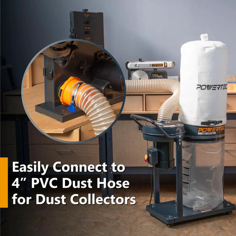 Quick Swap Dust Port Adapter Adapting One Three Quarter To Two One Half Inch Power Tool Ports To Four And Two One Half Inch Dust Collection Hoses For Table Saws Planers Jointers Swaps Effortlessly For Rock Solid Setup, connecting to a dust collector.