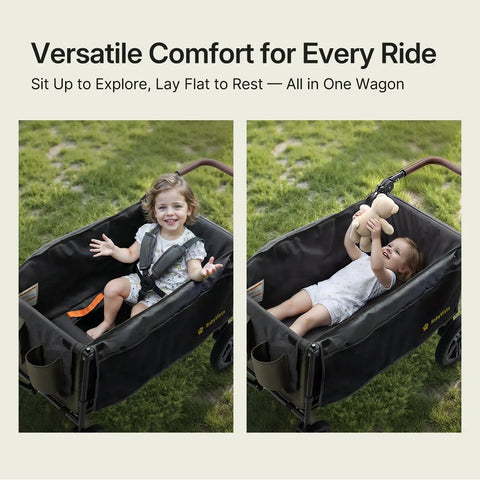 Kids Stroller Wagon With One Hand Adjustable Push Pull Handle, alloy steel frame, toddler seated and lying down with toy.